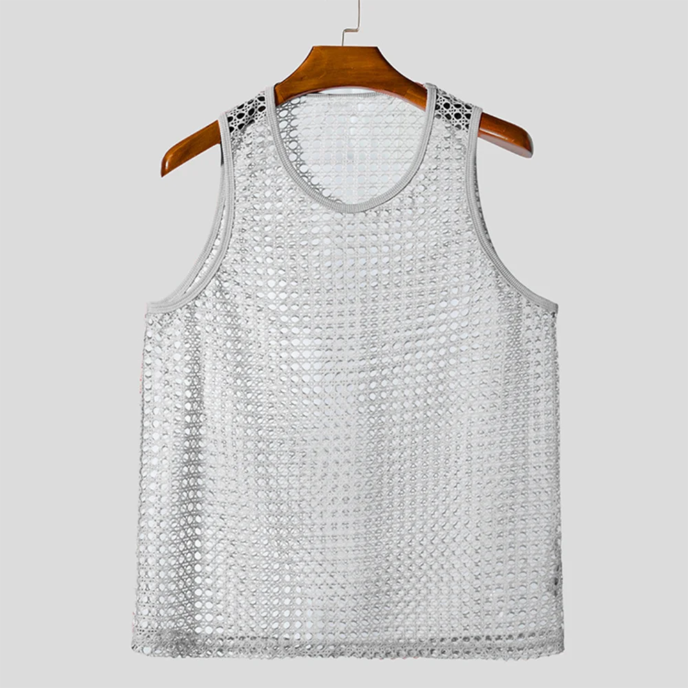 Summer Men's Solid Hollow Mesh Knitted Sleeveless Vest Sexy Fashion Casual Trend Simple Loose Breathable Sports Gym Men's Tops - Image 7