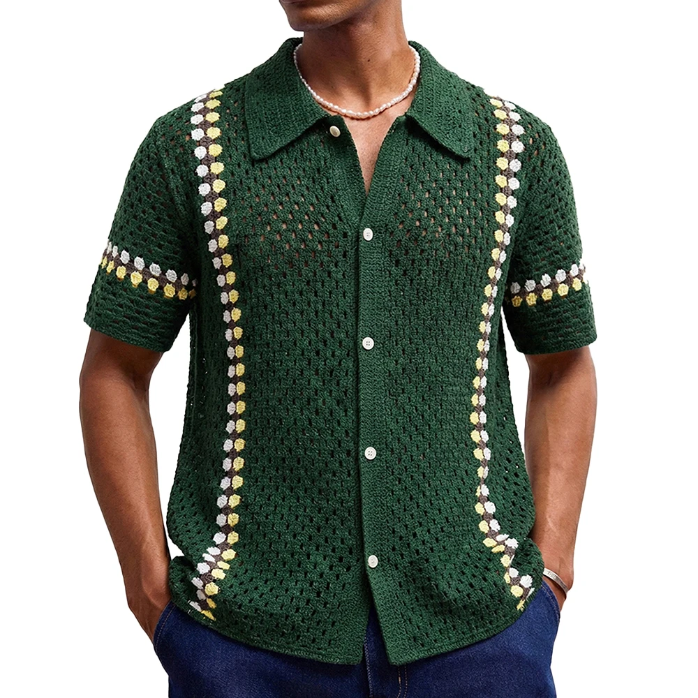Summer New Men's Hollow-Out Knit Short-Sleeve Shir American Retro Fashion Trendy Street Loose Casual Breathable Men's Tops - Image 2