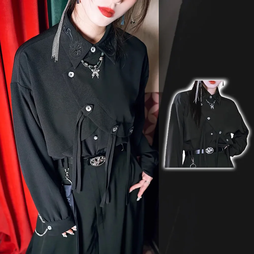 Y2k Asymmetric Embroidered Shirt Side Placket Shirt Genderless Streetwear Dark Style Fashion Long-Sleeved Top Unisex 2025 New - Image 5