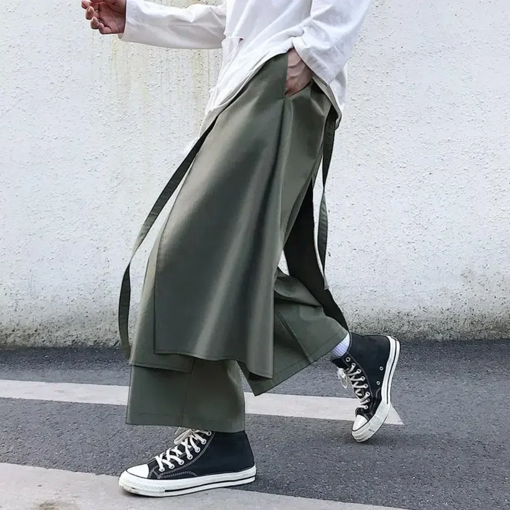 Fake Two-Piece Pants Men Male New Loose Wide-Leg Trousers Casual Straight Streetwear Spring Autumn Hip-Hop Pantalons Capris - Image 3