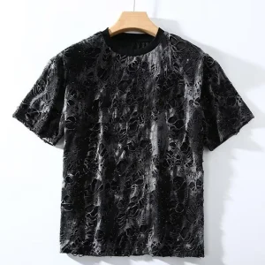 Summer New Men's Rendering Hole Short-Sleeved T-Shirt Retro Trend Fashion Street Hip-Hop Loose Casual Niche Breathable Mens Tops