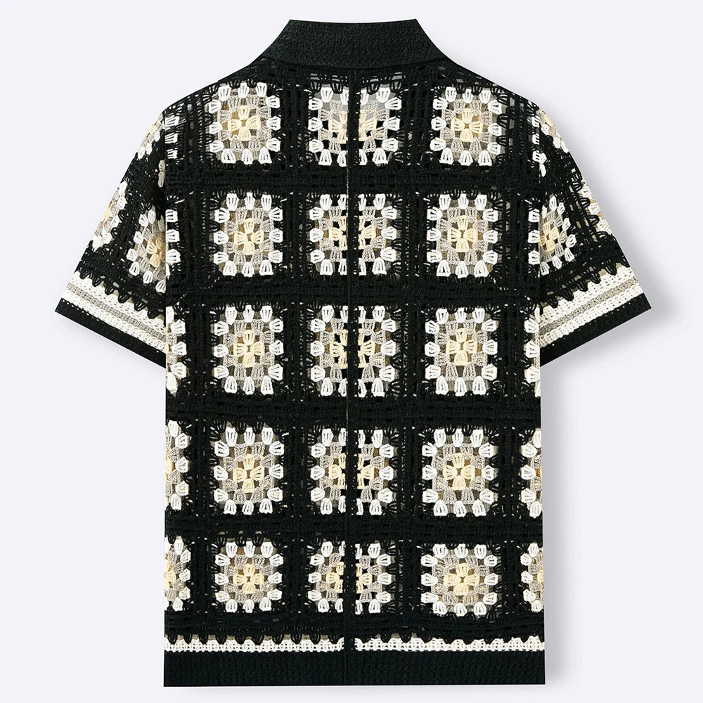 Summer New Men's Color Block Knitted Short-Sleeve Shirt American Retro Fashion Trendy Casual Simple Loose Breathable Men's Top - Image 3