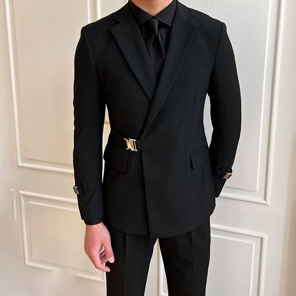 British Style Black Suit Jacket Male Elegant Gentleman Business Casual Professional Formal Dress Body Belt A Double Breasted - Image 4