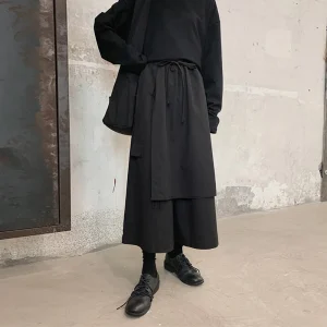 Y2K layered side-hem Japanese samurai culottes skirts genderless summer fashion outdoor trend versatile youth unisex