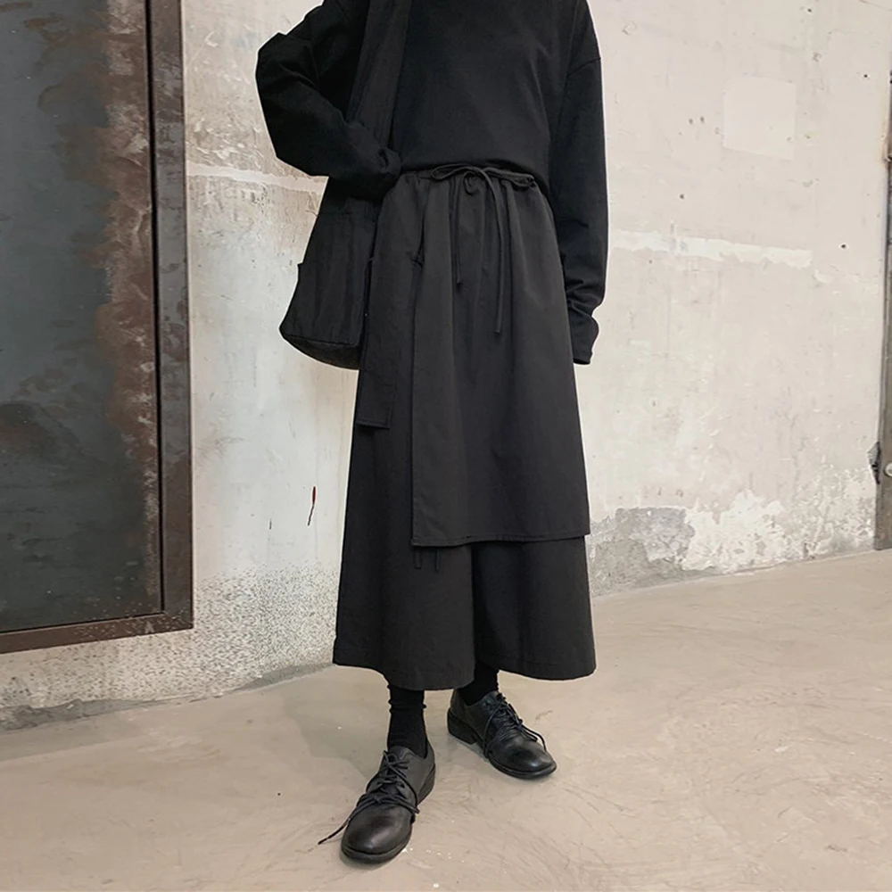 Y2K layered side-hem Japanese samurai culottes skirts genderless summer fashion outdoor trend versatile youth unisex