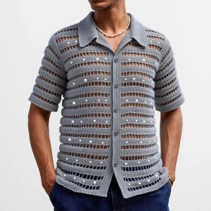 Men's Solid Color Knitted Hollow Short-Sleeved Shirt American Retro Fashion Trend Casual Loose Breathable Summer New Men's Tops