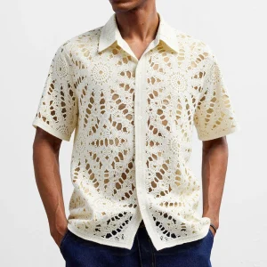 Summer New Men's Solid Color Hollow Short-Sleeved Shirt American Fashion Retro Trend Leisure Loose Breathable Niche Men's Tops
