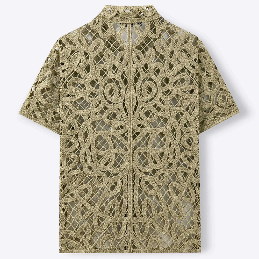 2026 Summer New Men's Solid Color Hollow-Out Short-Sleeve Shirt Retro Fashion Trendy Street Casual Loose Breathable Men's Top - Image 4