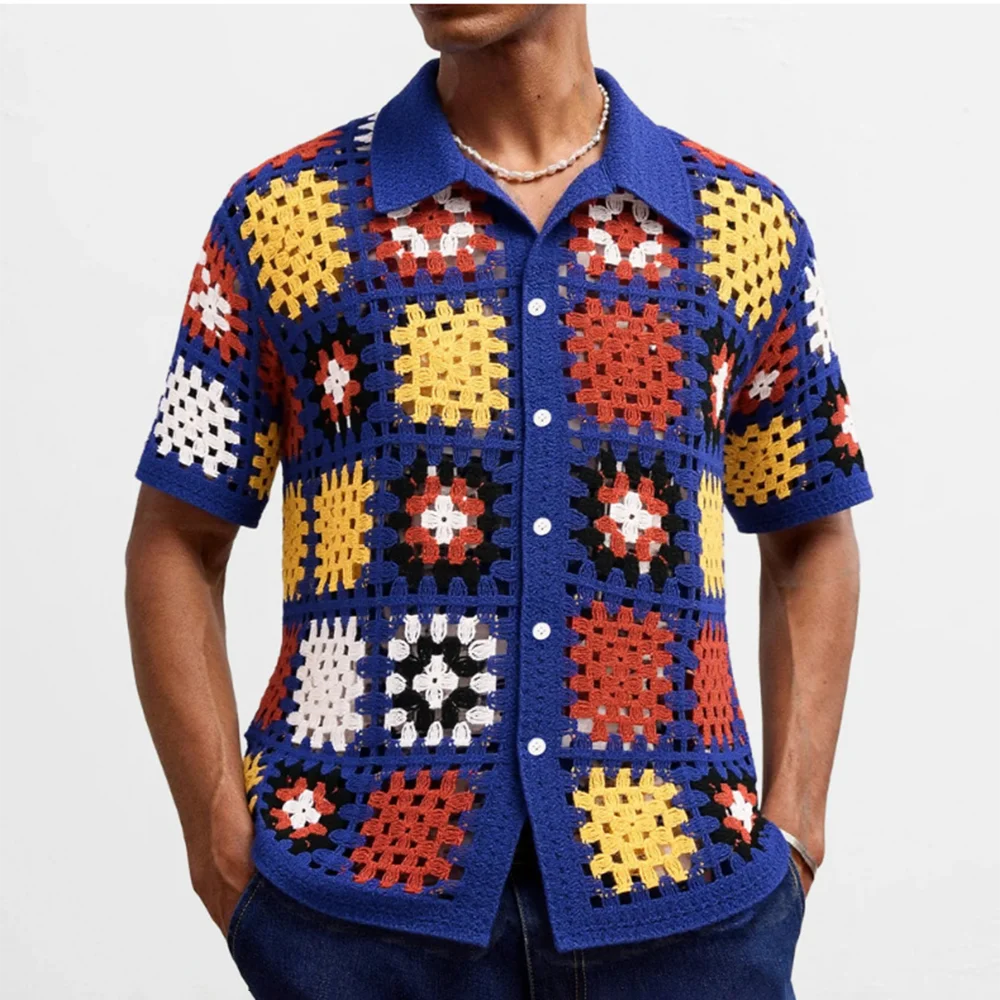 Men's Hollow Knitted Short-Sleeved Shirt American Retro Fashion Trend Casual Loose Breathable Niche Summer New Men's Tops