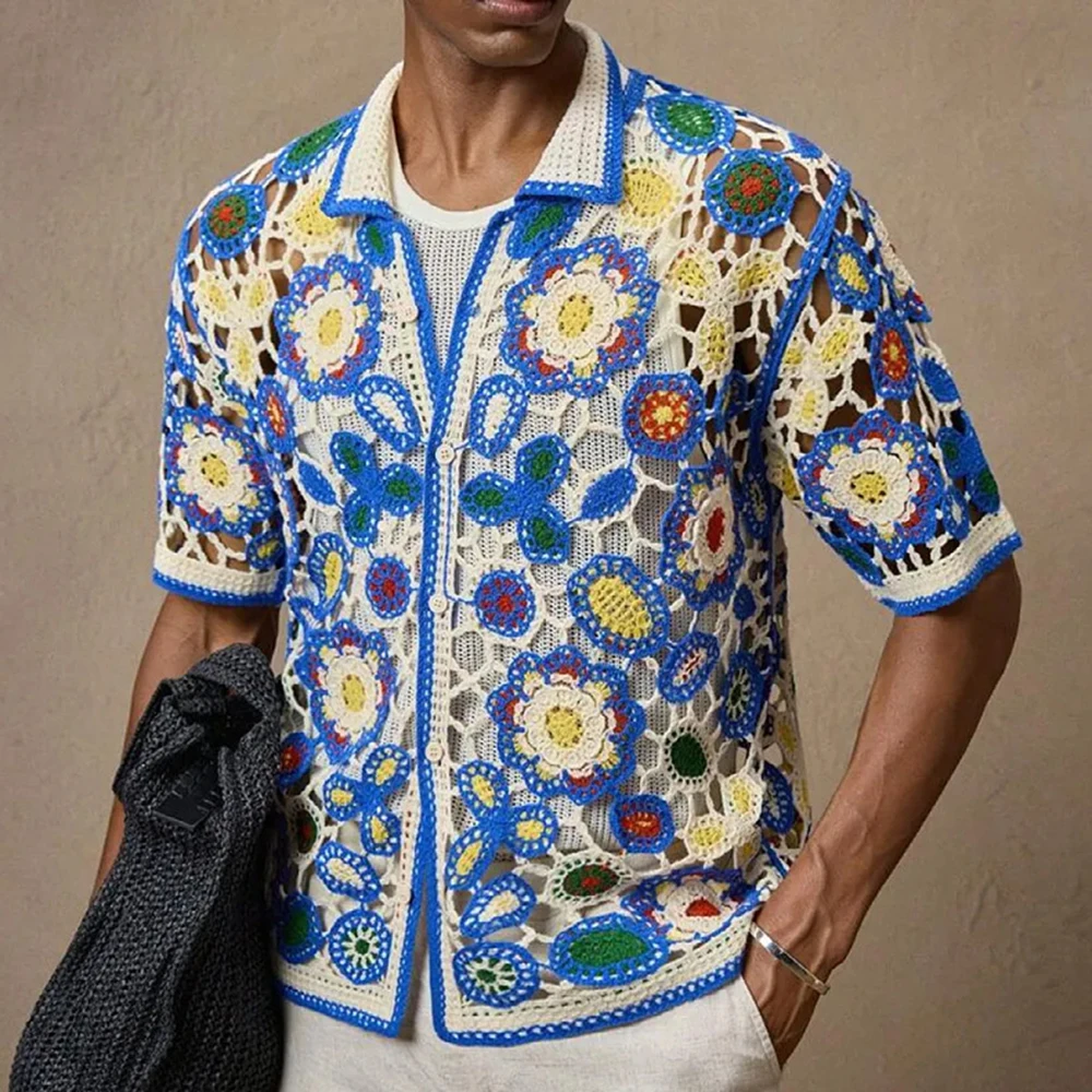 Summer New Men's Color Matching Short-Sleeved Knitted Shirt American Retro Fashion Trend Loose Casual Breathable Men's Tops - Image 3