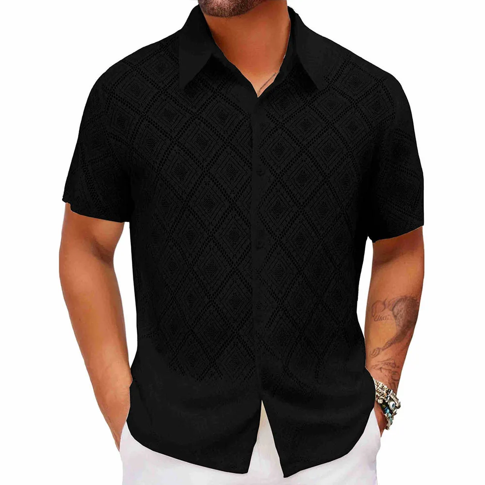 Men's Solid Color Jacquard Hollow Short-Sleeved Shirt American Retro Fashion Trend Loose Breathable Casual Niche Men's Tops - Image 3