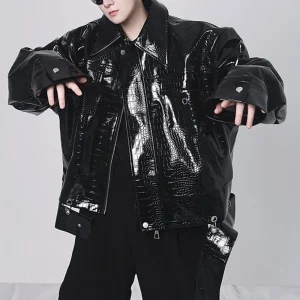 Winter New Men's Crocodile Pattern PU Leather Jacket American Retro Fashion Trendy High Street Casual Loose Niche Men's Top