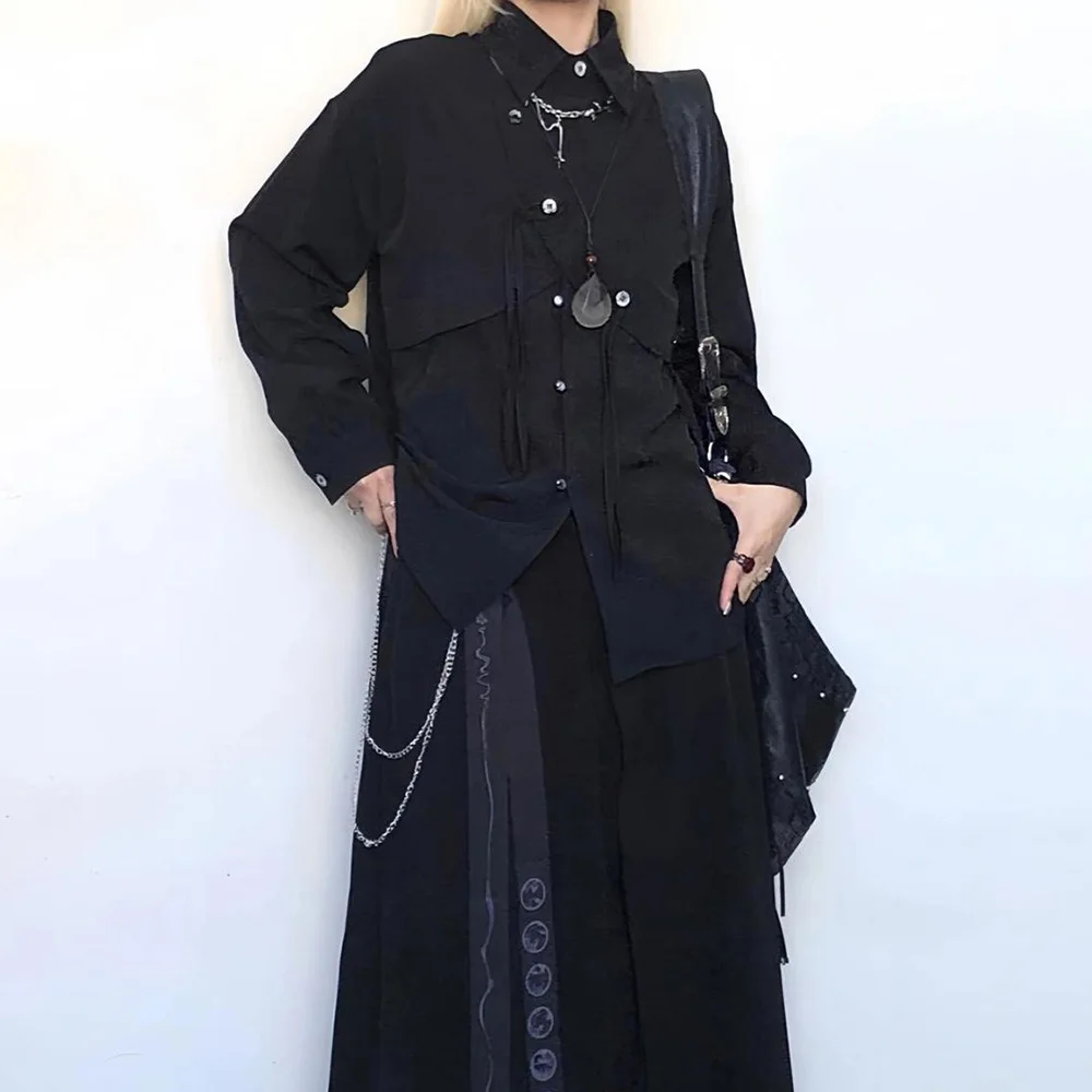 Y2k Asymmetric Embroidered Shirt Side Placket Shirt Genderless Streetwear Dark Style Fashion Long-Sleeved Top Unisex 2025 New - Image 2