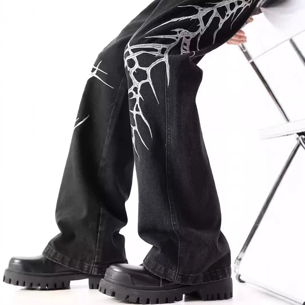 Hip-Hop Street Niche Loose Straight Y2k Jeans Mens American High Street Fashion Trend Leisure Heavy Embroidery Flared Trousers - Image 5