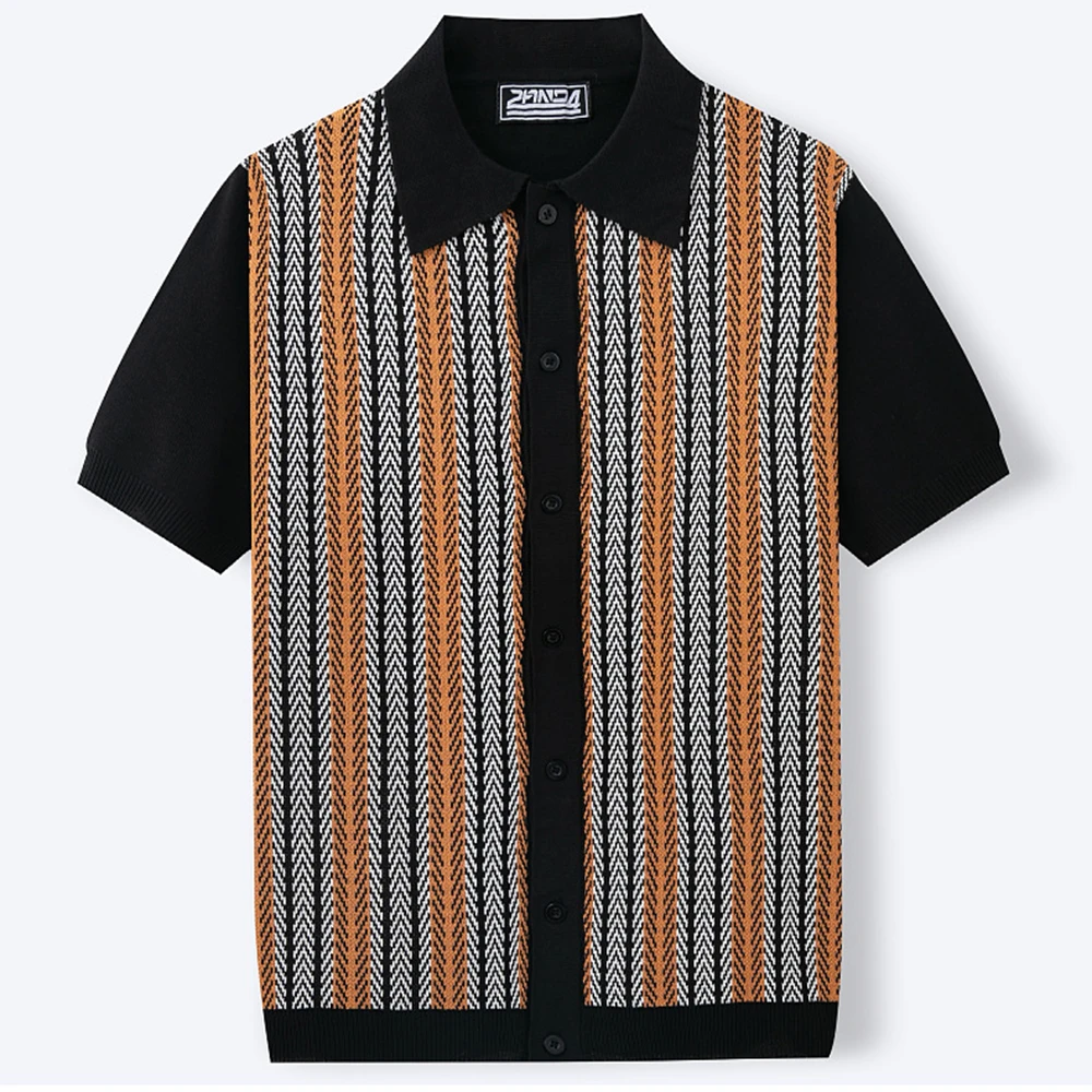 Summer Men's Color Matching Striped Jacquard Knitted Short-Sleeved Shirt Casual Fashion Trend Loose Breathable Daily Men's Tops - Image 7