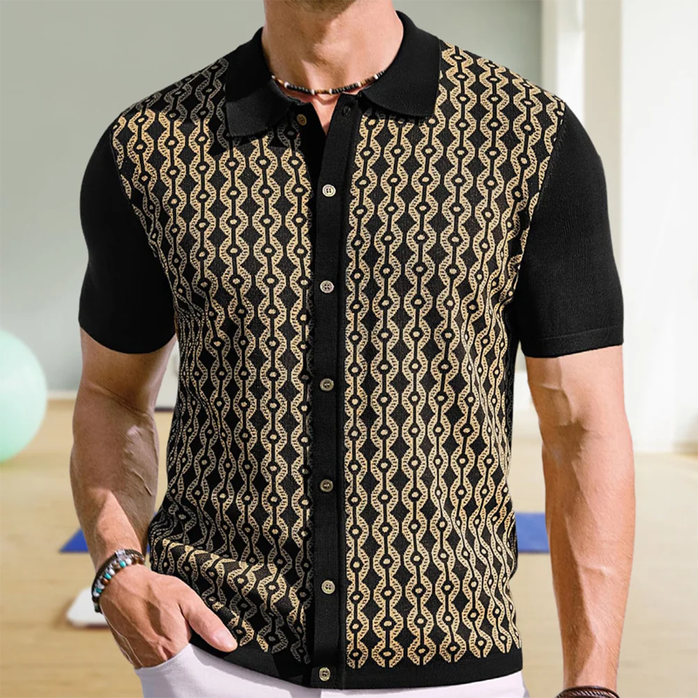Summer New Men's Short-Sleeved Jacquard Cardigan Knitted Shirt Retro Fashion Trend Casual Loose Breathable Niche Men's Tops - Image 3