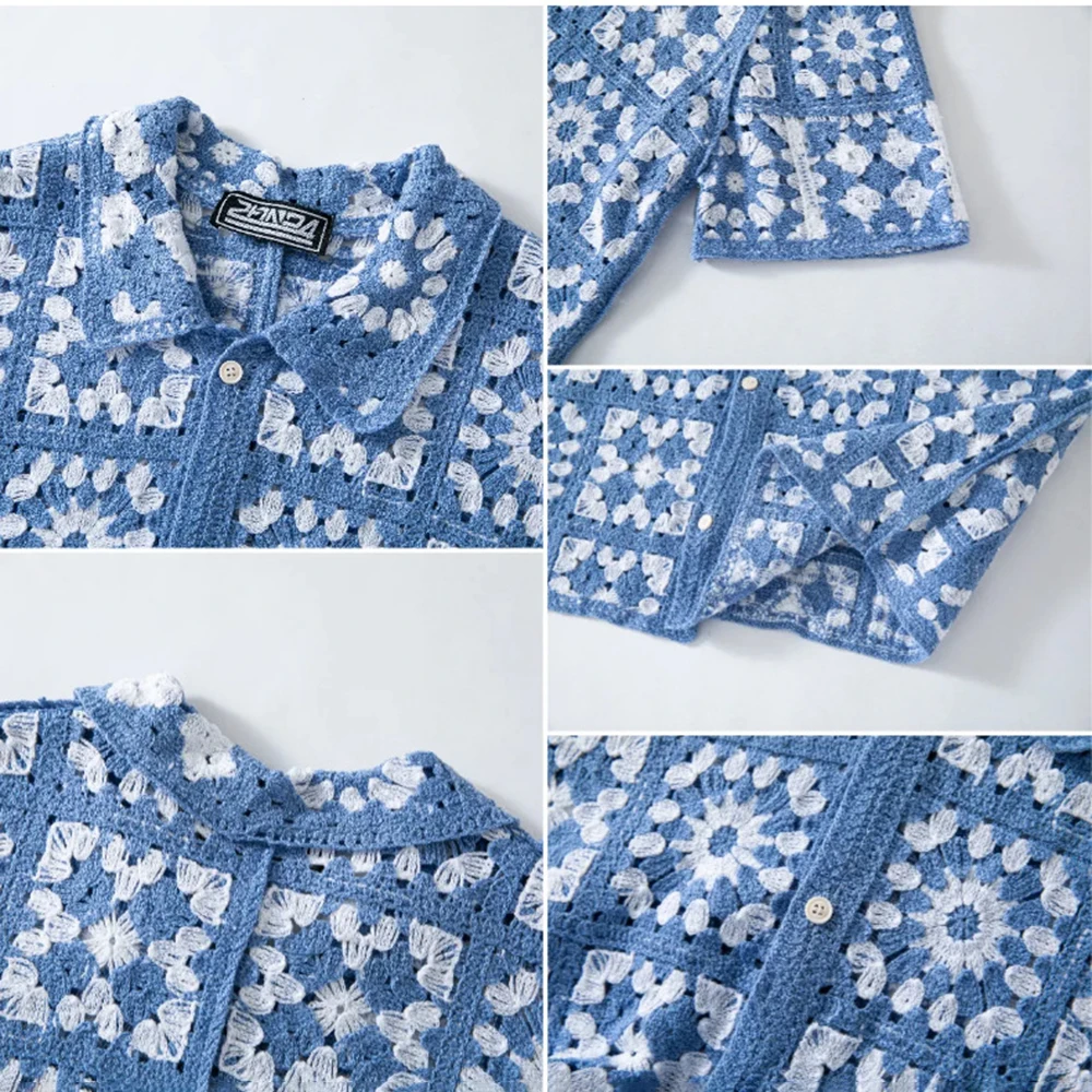 2026 Summer New Men's Knitted Short-Sleeve Shirt American Retro Fashion Trendy High Street Loose Casual Breathable Men's Top - Image 5