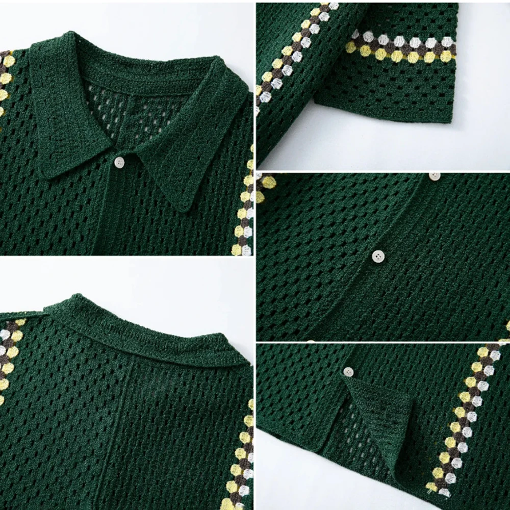 Summer New Men's Hollow-Out Knit Short-Sleeve Shir American Retro Fashion Trendy Street Loose Casual Breathable Men's Tops - Image 5