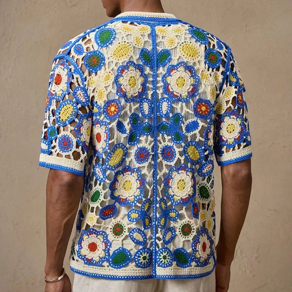 Summer New Men's Color Matching Short-Sleeved Knitted Shirt American Retro Fashion Trend Loose Casual Breathable Men's Tops - Image 2