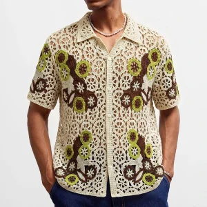 2026 Summer New Men's Hollow-Out Short-Sleeve Shirt American Retro Fashion Trendy Street Loose Casual Niche Breathable Men's Top