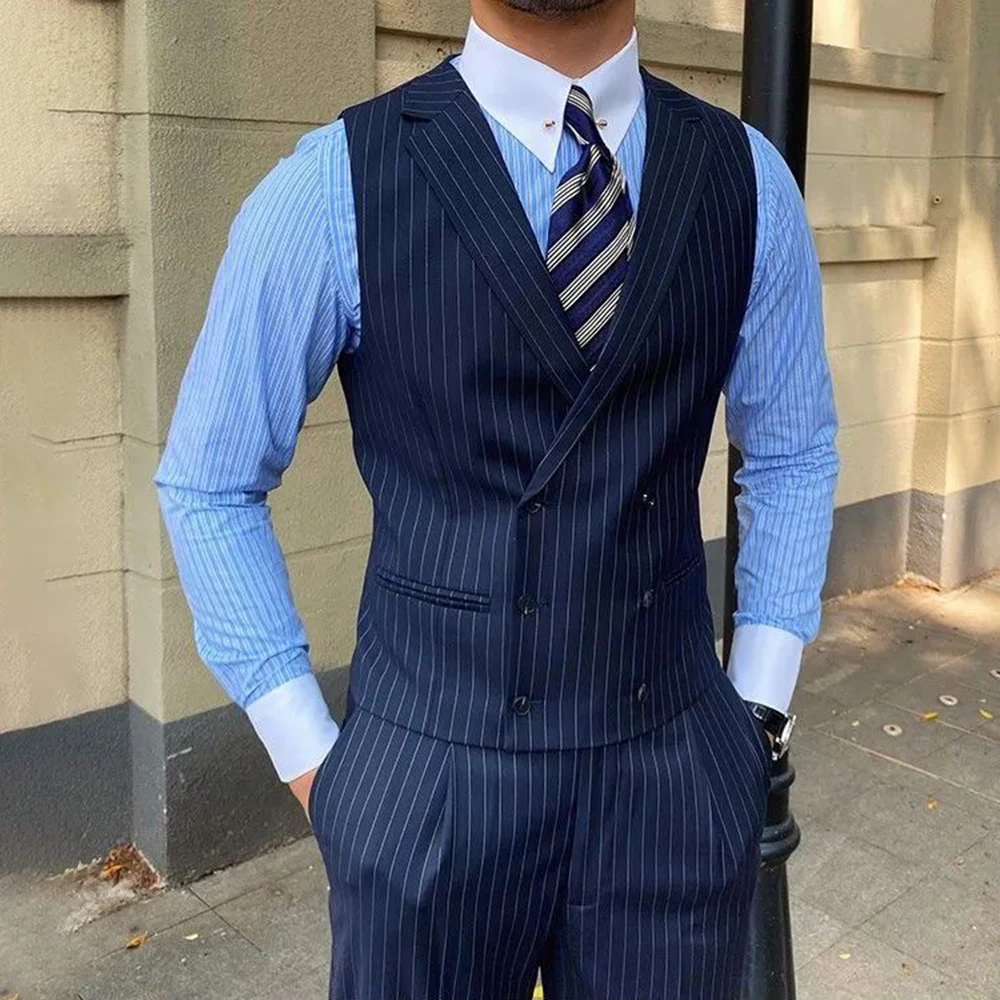 British Style Business Men's Striped Suit Vest Retro Double-breasted Elegant Slim Lapel Casual Men's Vest Retro Waistcoat Trendy - Image 4