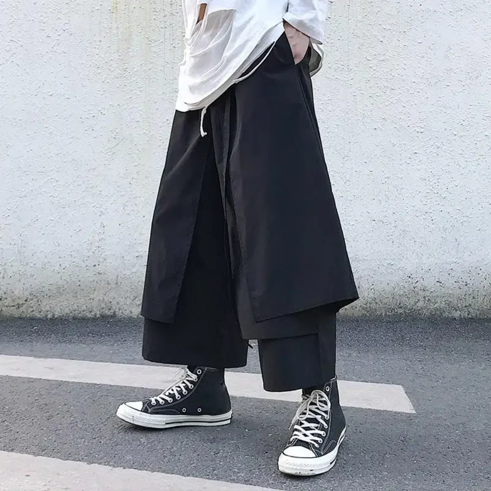 Fake Two-Piece Pants Men Male New Loose Wide-Leg Trousers Casual Straight Streetwear Spring Autumn Hip-Hop Pantalons Capris - Image 4