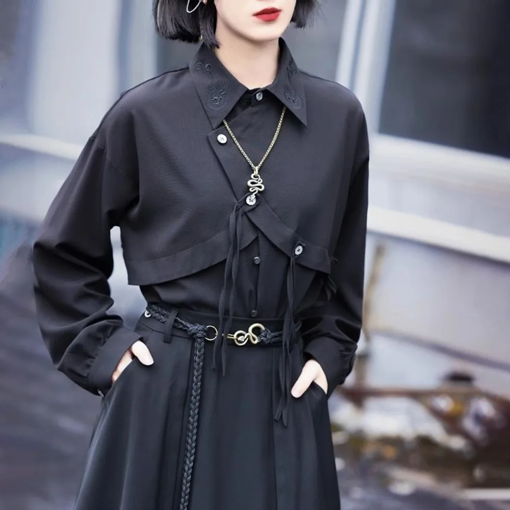 Y2k Asymmetric Embroidered Shirt Side Placket Shirt Genderless Streetwear Dark Style Fashion Long-Sleeved Top Unisex 2025 New - Image 4