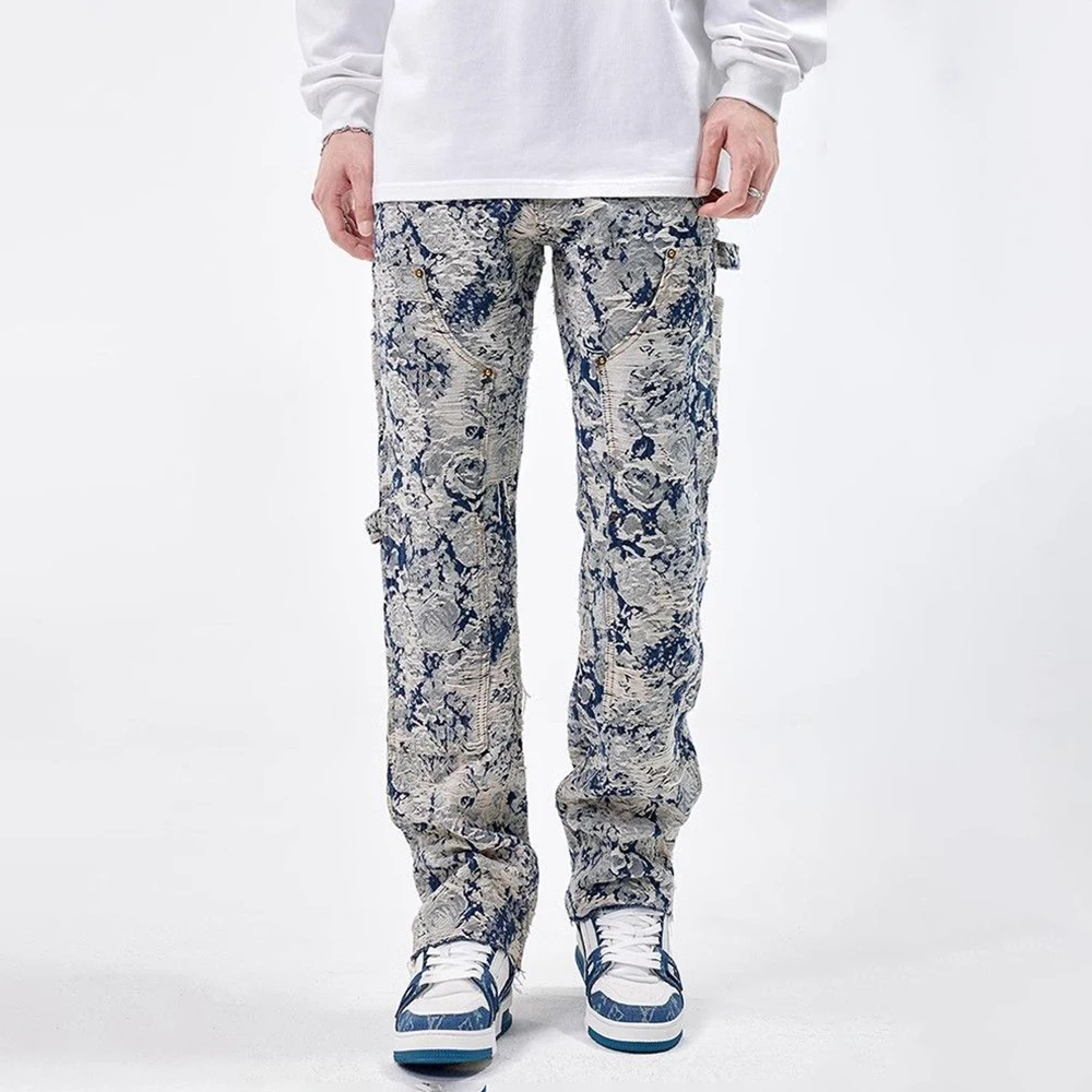 Men Jeans Jacquard Washed Cargo Casual Straight Pants Streetwear Fashion Hip Hop Retro Trend Trousers Male Men'S Clothing 2024 - Image 2