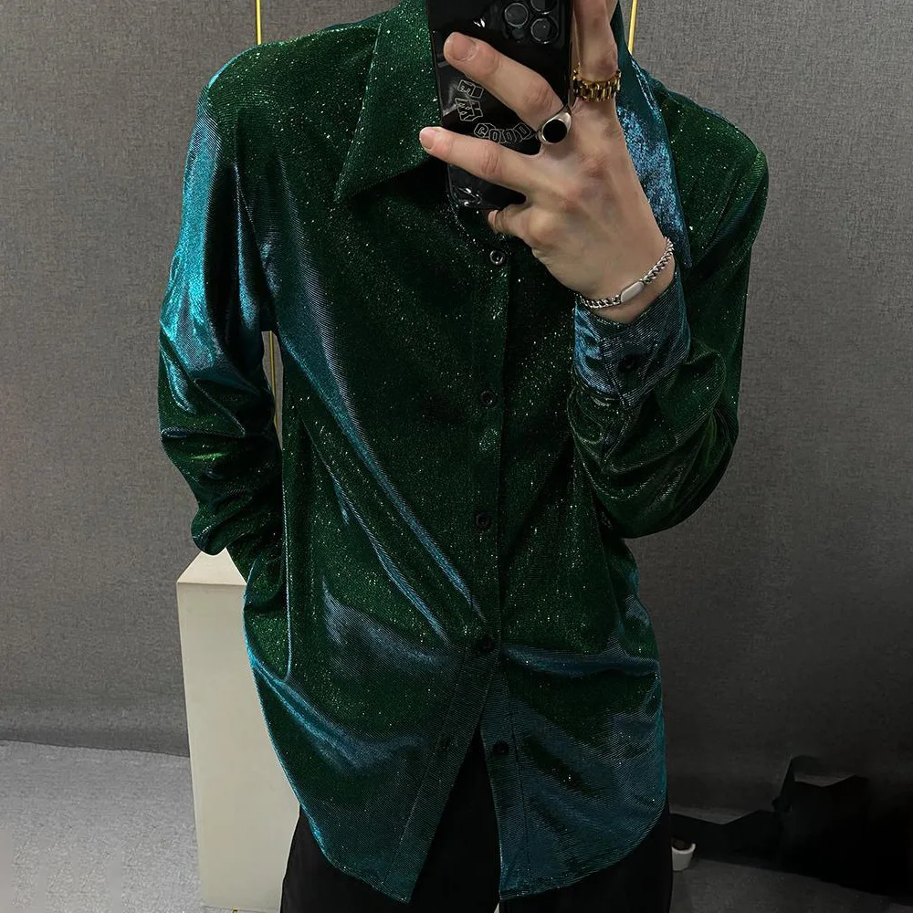 Mens Shirt Reflective Shiny Shoulder Pad Shirt Fashion Personality Temperament Performance Costume Top Men'S Clothing Spring New - Image 3