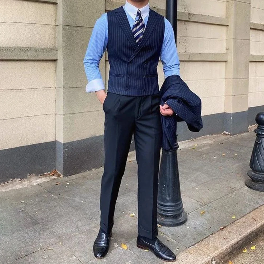 British Style Business Men's Striped Suit Vest Retro Double-breasted Elegant Slim Lapel Casual Men's Vest Retro Waistcoat Trendy - Image 5