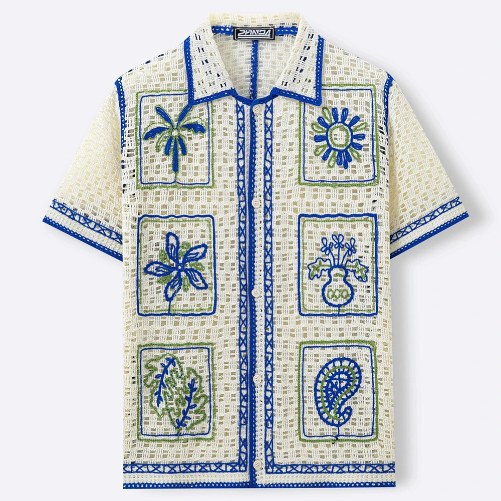 Summer New Men's Color Block Knitted Short-Sleeve Shirt Retro Fashion Trendy Street Loose Casual Breathable Vacation Men's Top - Image 3