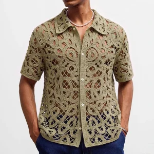 2026 Summer New Men's Solid Color Hollow-Out Short-Sleeve Shirt Retro Fashion Trendy Street Casual Loose Breathable Men's Top