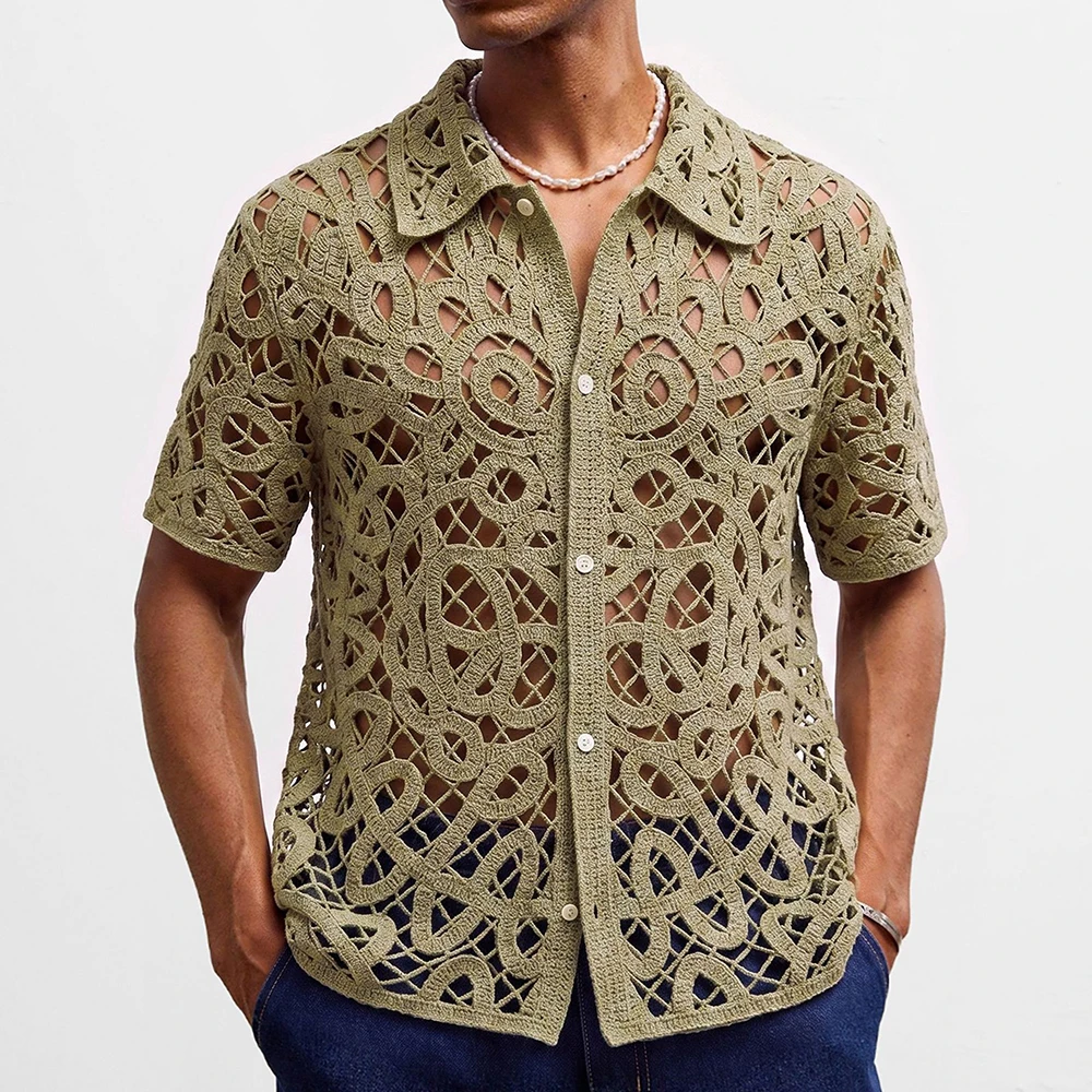 2026 Summer New Men's Solid Color Hollow-Out Short-Sleeve Shirt Retro Fashion Trendy Street Casual Loose Breathable Men's Top