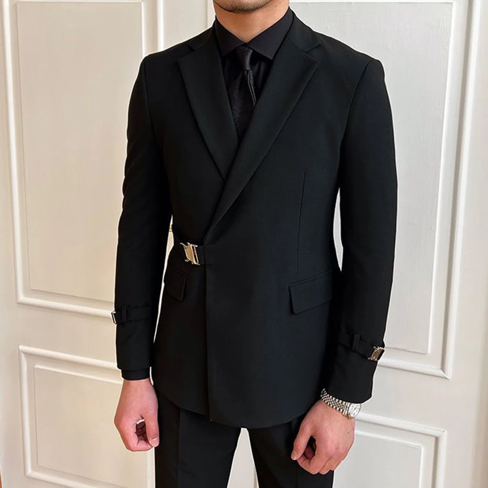British Style Black Suit Jacket Male Elegant Gentleman Business Casual Professional Formal Dress Body Belt A Double Breasted - Image 3