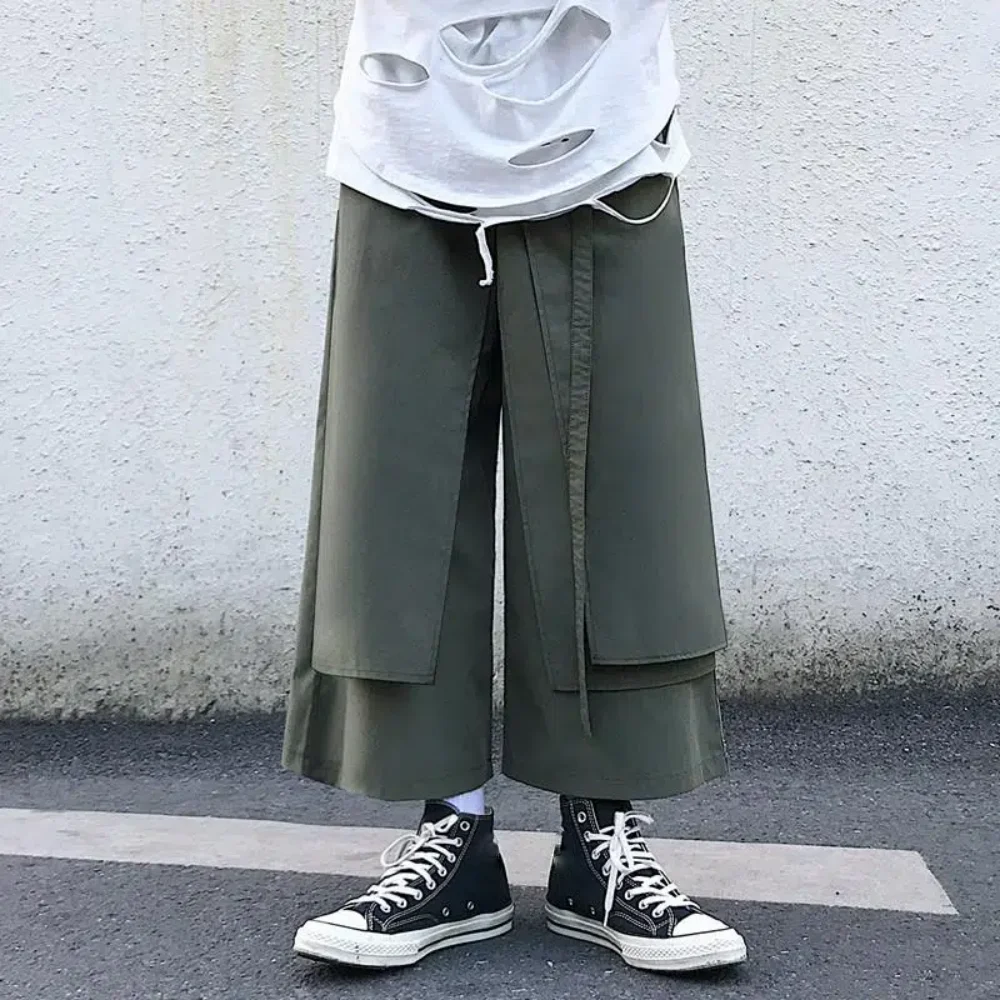 Fake Two-Piece Pants Men Male New Loose Wide-Leg Trousers Casual Straight Streetwear Spring Autumn Hip-Hop Pantalons Capris - Image 2