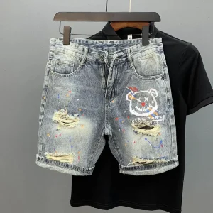 Cat Whiskers Ripped Denim Shorts Men's Personalized Print Splash Ink Summer New Korean Style Slim Fashion Five-Fifth Pant