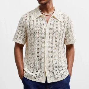 Summer New Male Solid Color Hollow-Out Short-Sleeve Shirt American Retro Fashion Trendy High Street Loose Casual Niche Men's Top