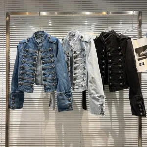 Womens Slim Metal Rib Button Design Denim Top Short Style Fashion Outer Washed Jacket Women'S Clothing 2024 Spring Autumn New