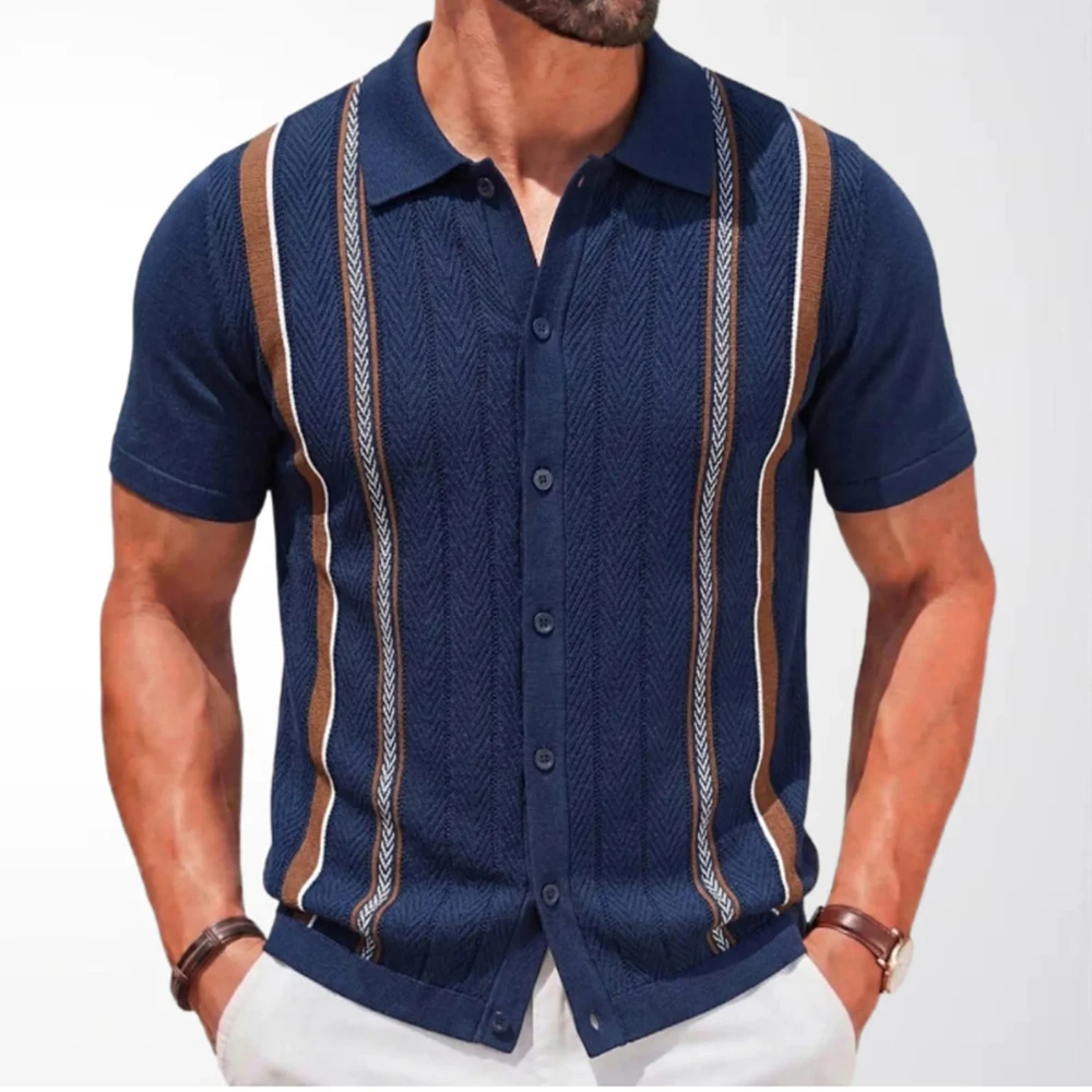Summer New Men's Striped Color Block Short-Sleeve Shirt American Retro Fashion Trendy Street Casual Breathable Niche Men's Top - Image 2