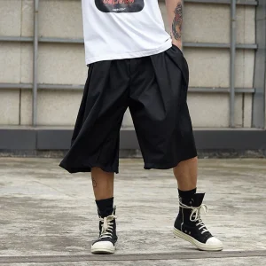 XS-5XL Men's Solid Color Three-Quarter Wide-Leg Pants American Retro Fashion Trend Simple Loose Casual Breathable Men's Bottoms