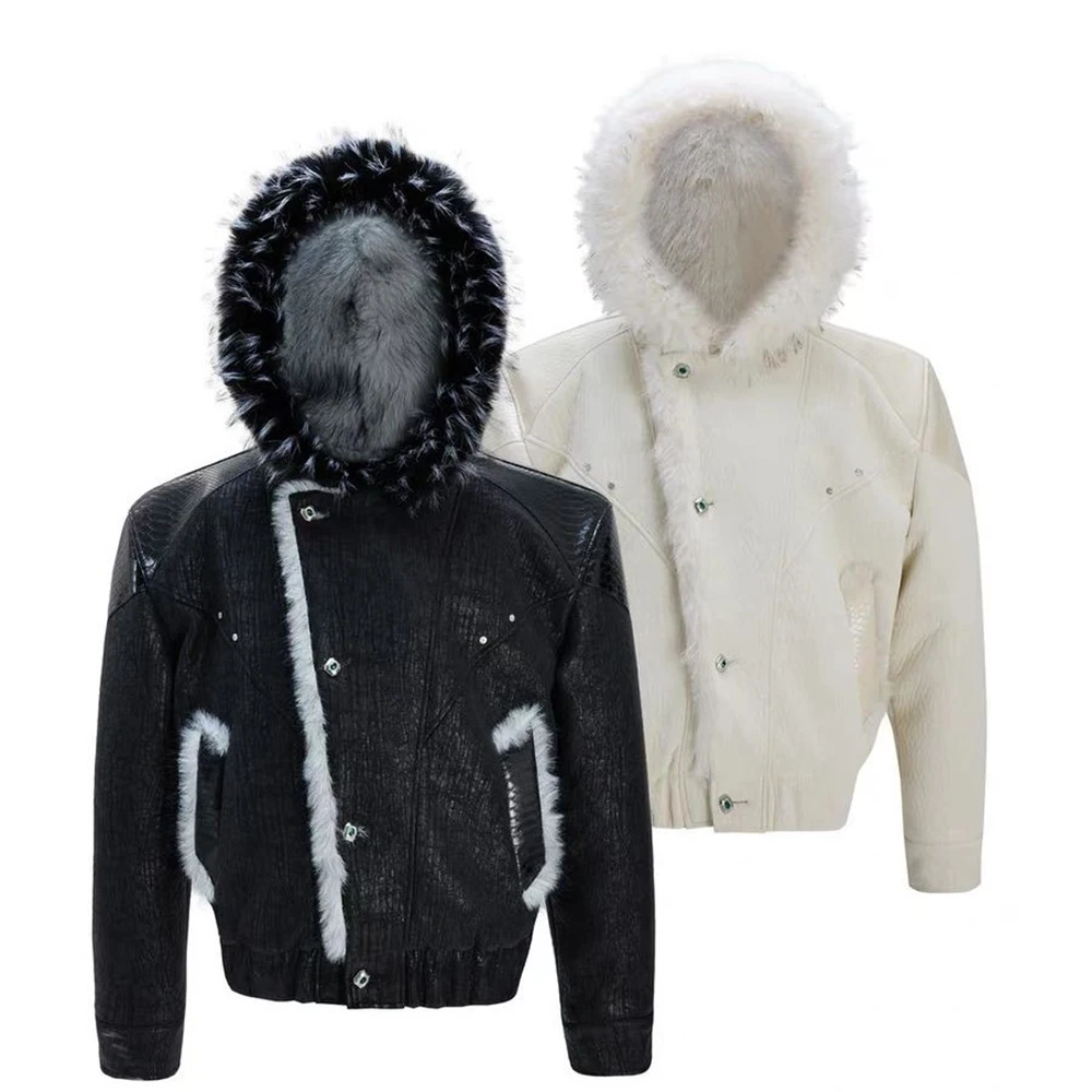 Mens Spring Jacket Pu Leather Patchwork Thickened Faux Fur Hooded Jacket Streetwear Fashion Fluffy Niche Top Men'S Clothing 2026 - Image 5