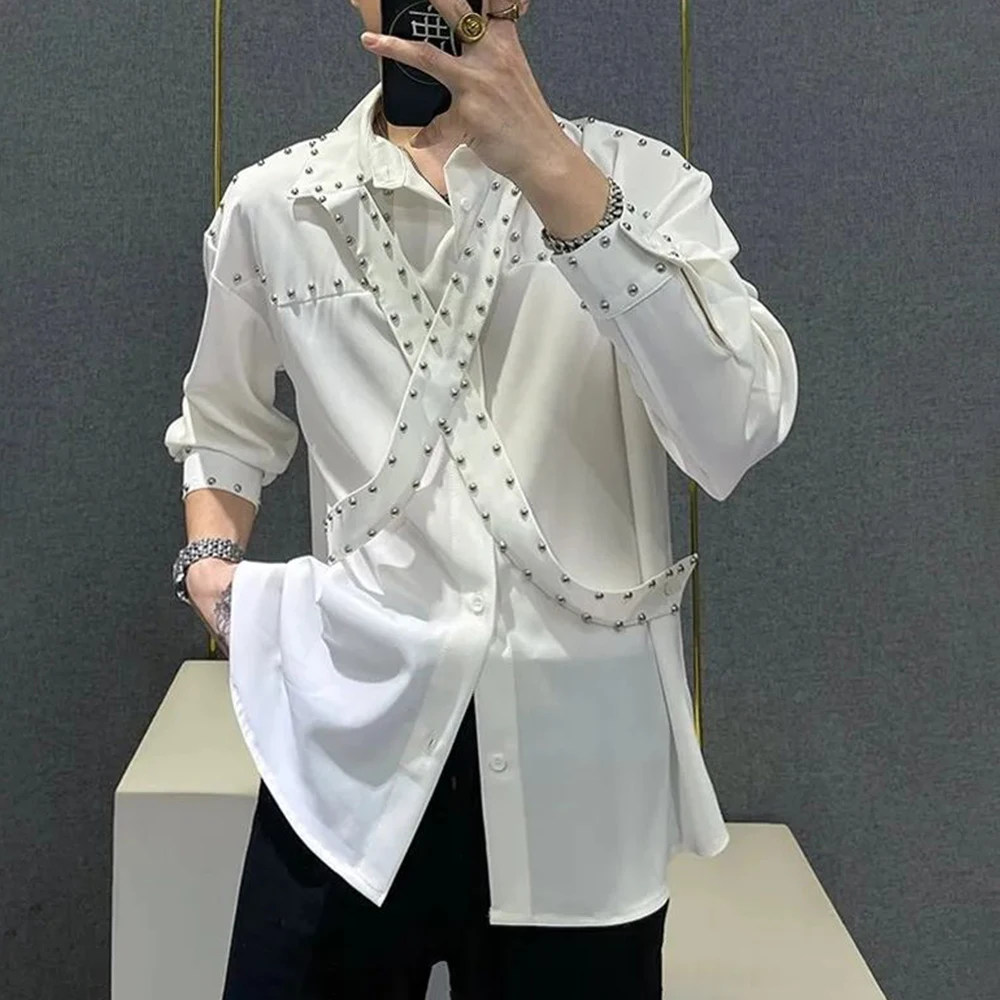 Mens Ribbons Rivets Shirts Autumn Streetwear Fashion Trends Campus Performances Casual Long-Sleeve Tops Men'S Clothing 2024 - Image 5