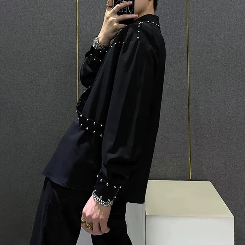 Mens Ribbons Rivets Shirts Autumn Streetwear Fashion Trends Campus Performances Casual Long-Sleeve Tops Men'S Clothing 2024 - Image 2