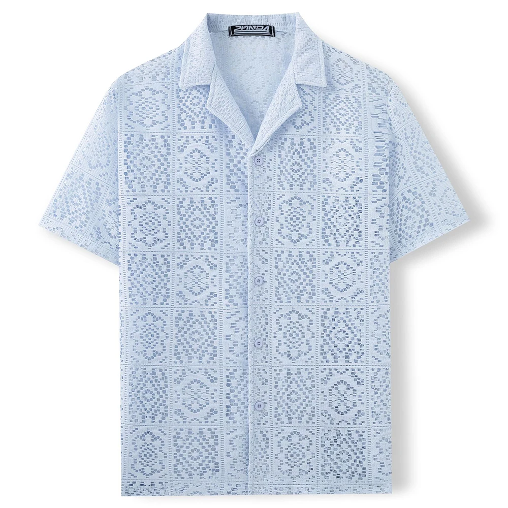 Summer New Men's Knitted Lace Hollow Short-Sleeved Shirt American Retro Fashion Trend Loose Casual Breathable Niche Men's Tops - Image 9