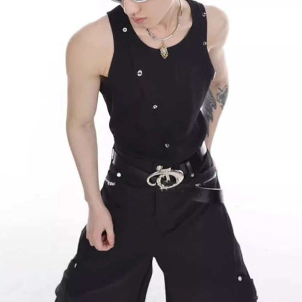 Summer New Men's Solid Color Sleeveless Vest American Retro Fashion Trend Street Hip-Hop Slim Casual Breathable Men's Tops - Image 2