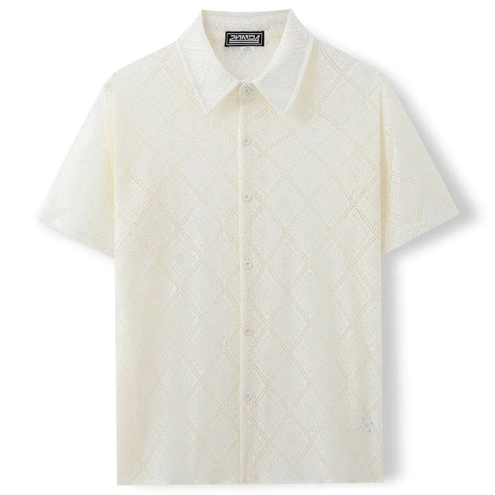 Men's Solid Color Jacquard Hollow Short-Sleeved Shirt American Retro Fashion Trend Loose Breathable Casual Niche Men's Tops - Image 8