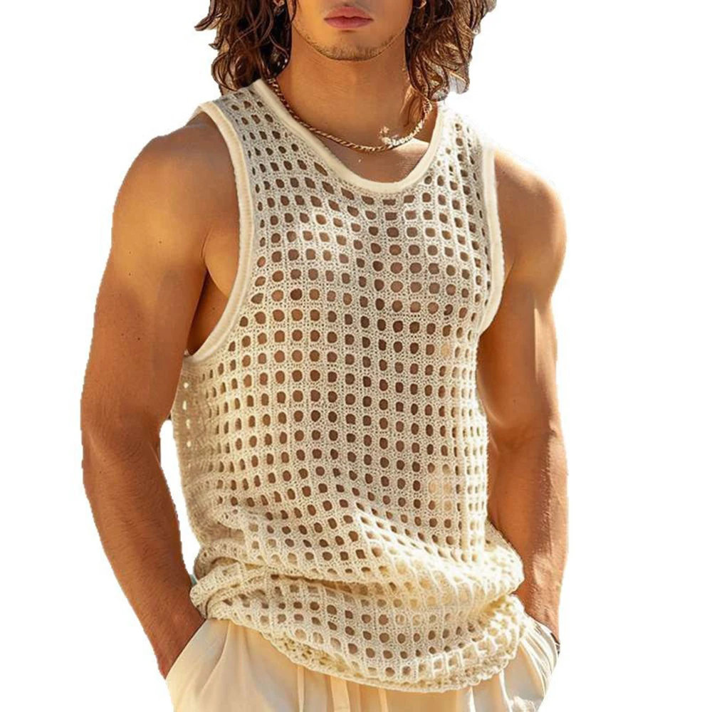 Summer Men's Solid Hollow Mesh Knitted Sleeveless Vest Sexy Fashion Casual Trend Simple Loose Breathable Sports Gym Men's Tops - Image 5