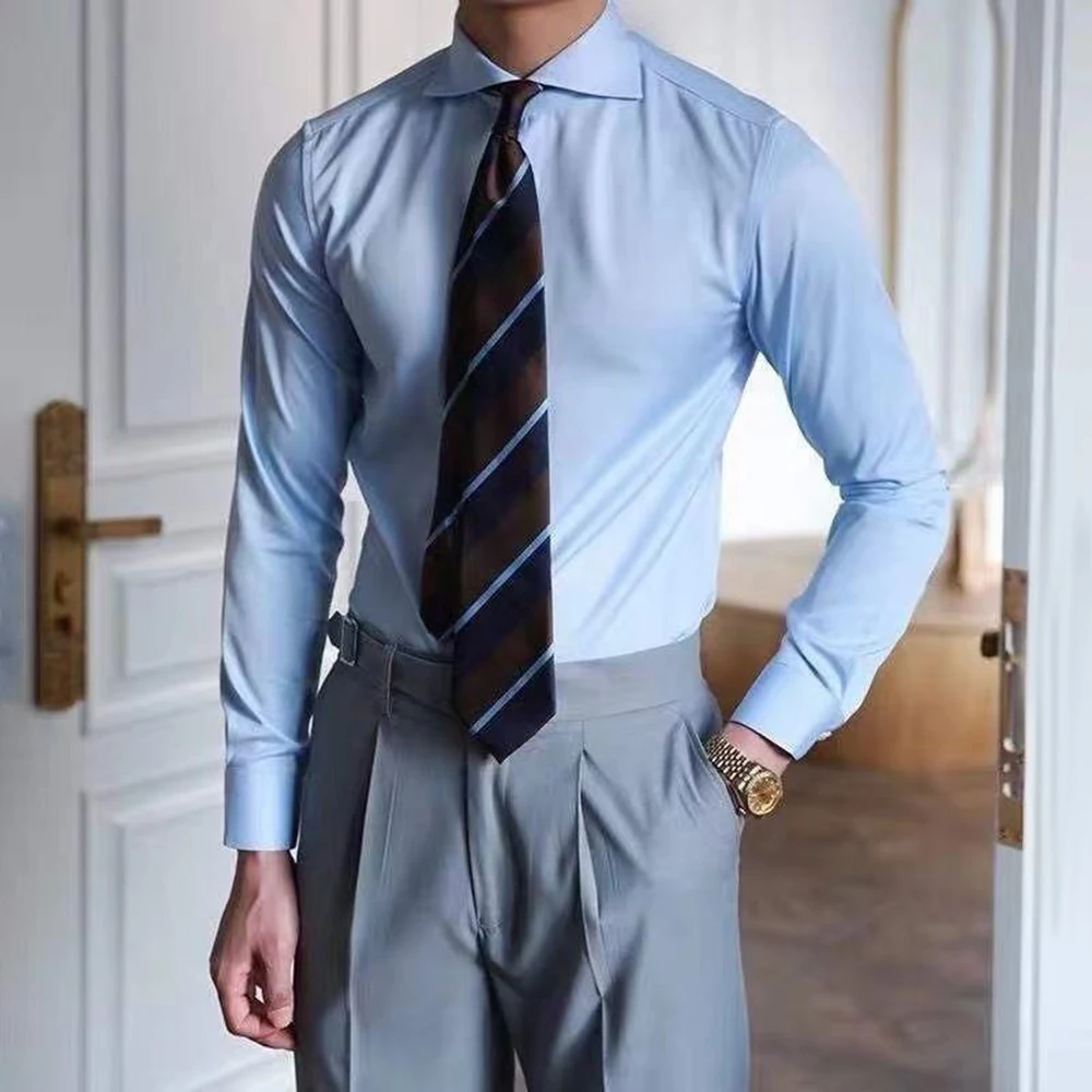 Mens Business Slim Casual Long-Sleeved Shirt 2025 Summer New Fashion Trend Solid Color Party Stage Formal Shirt Mens Clothing - Image 2