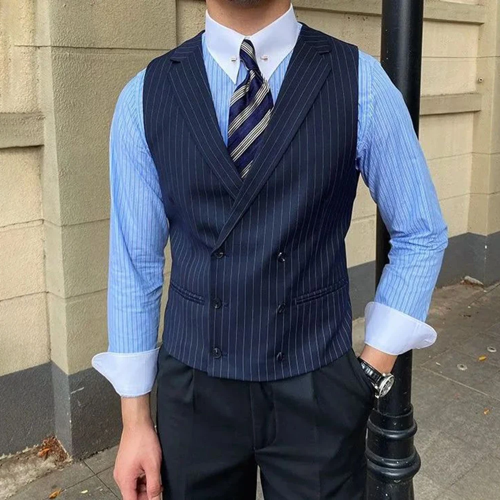 British Style Business Men's Striped Suit Vest Retro Double-breasted Elegant Slim Lapel Casual Men's Vest Retro Waistcoat Trendy - Image 3