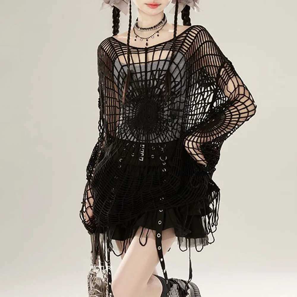 Y2k Spider Web Black Outer Sweater 2024 New Casual Streetwear Layered Top Niche Personality Versatile Ripped Blouse Unisex - Image 2